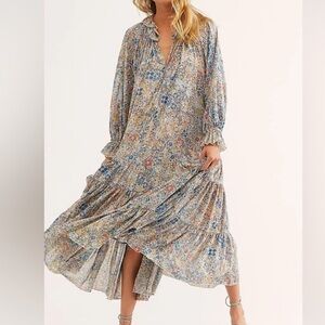 Free People Floral Maxi Dress in Blue and Cream